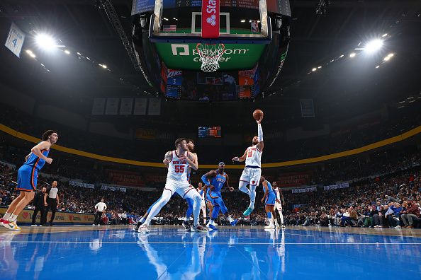 OKLAHOMA CITY, OK - DECEMBER 27: Jalen Brunson #11 of the New York Knicks shoots the ball during the game against the Oklahoma City Thunder on December 27, 2023 at Paycom Arena in Oklahoma City, Oklahoma. NOTE TO USER: User expressly acknowledges and agrees that, by downloading and or using this photograph, User is consenting to the terms and conditions of the Getty Images License Agreement. Mandatory Copyright Notice: Copyright 2023 NBAE (Photo by Zach Beeker/NBAE via Getty Images)