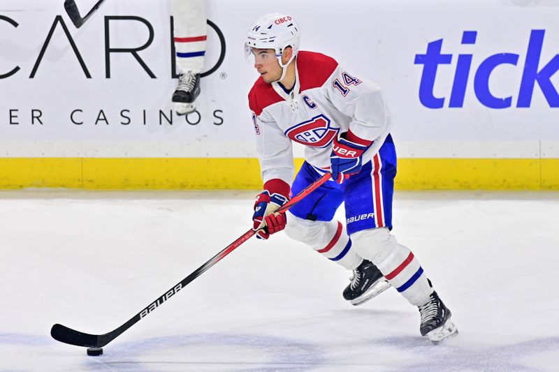 Nov 2, 2023; Tempe, Arizona, USA;  Montreal Canadiens center Nick Suzuki (14) carries the puck in the third period against the Arizona Coyotes at Mullett Arena. Mandatory Credit: Matt Kartozian-USA TODAY Sports