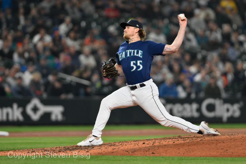 Sep 27, 2023; Seattle, Washington, USA; Seattle Mariners relief pitcher Gabe Speier (55) pitches to the Houston Astros during the fifth inning at T-Mobile Park. Mandatory Credit: Steven Bisig-USA TODAY Sports