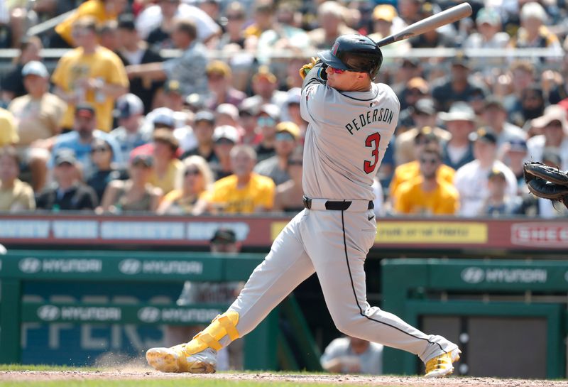Aug 4, 2024; Pittsburgh, Pennsylvania, USA;  Arizona Diamondbacks designated hitter Joc Pederson (3) hits a single against the Pittsburgh Pirates during the sixth inning at PNC Park. Mandatory Credit: Charles LeClaire-USA TODAY Sports