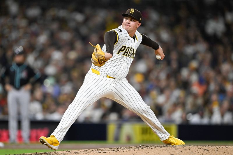Sep 27, 2025; San Diego, California, USA; San Diego Padres relief pitcher Adrian Morejon (50) delivers during the fifth inning against the Arizona Diamondbacks at Petco Park. Mandatory Credit: Denis Poroy-Imagn Images