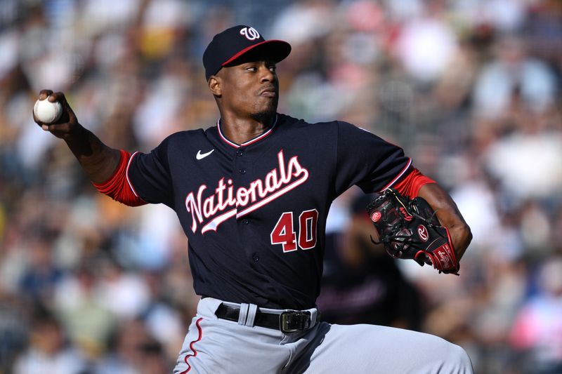 Jun 24, 2023; San Diego, California, USA; Washington Nationals starting pitcher Josiah Gray (40) throws a pitch against the San Diego Padres during the first inning at Petco Park. Mandatory Credit: Orlando Ramirez-USA TODAY Sports