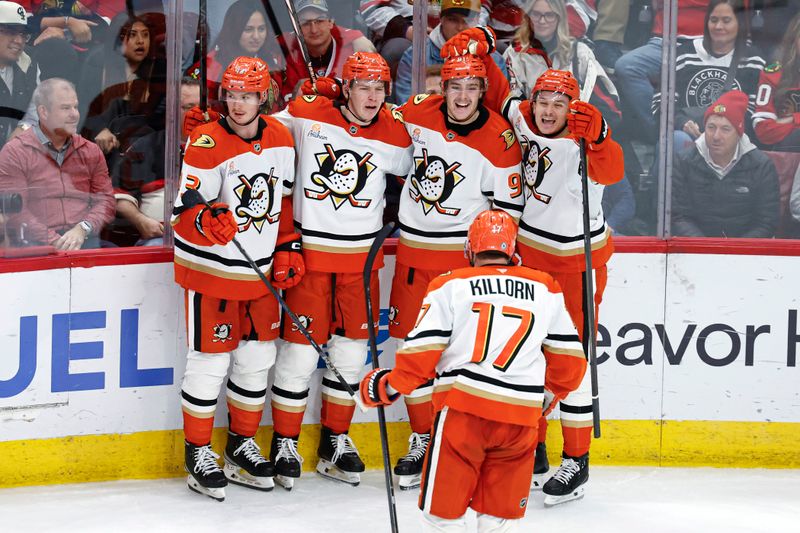 Nov 19, 2024; Chicago, Illinois, USA; Anaheim Ducks center Leo Carlsson (91) celebrates with teammates after scoring a goal against the Chicago Blackhawks during the third period at United Center. Mandatory Credit: Kamil Krzaczynski-Imagn Images