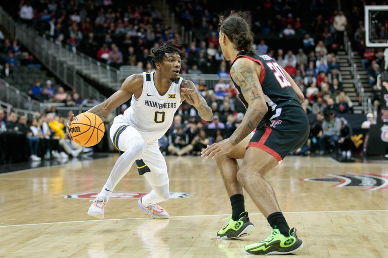 Mar 8, 2023; Kansas City, MO, USA; West Virginia Mountaineers guard Kedrian Johnson (0) drives to the basket around Texas Tech Red Raiders guard Jaylon Tyson (20) during the first half at T-Mobile Center. Mandatory Credit: William Purnell-USA TODAY Sports