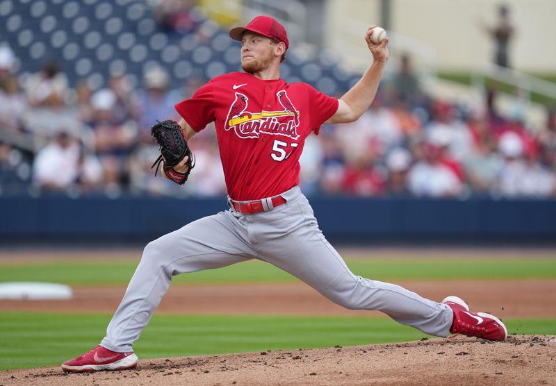 Mar 14, 2023; West Palm Beach, Florida, USA;  St. Louis Cardinals pitcher Zack Thompson (57) pitches against the Houston Astros in the first inning at The Ballpark of the Palm Beaches. Mandatory Credit: Jim Rassol-USA TODAY Sports