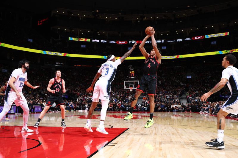 TORONTO, CANADA - JANUARY 3: Scottie Barnes #4 of the Toronto Raptors shoots the ball during the game against the Orlando Magic on January 3, 2025 at the Scotiabank Arena in Toronto, Ontario, Canada.  NOTE TO USER: User expressly acknowledges and agrees that, by downloading and or using this Photograph, user is consenting to the terms and conditions of the Getty Images License Agreement.  Mandatory Copyright Notice: Copyright 2025 NBAE (Photo by Vaughn Ridley/NBAE via Getty Images)