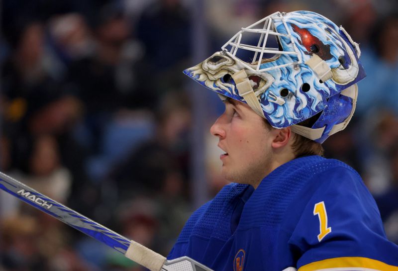 Jan 13, 2024; Buffalo, New York, USA;  Buffalo Sabres goaltender Ukko-Pekka Luukkonen (1) during a stoppage in play against the Vancouver Canucks during the third period at KeyBank Center. Mandatory Credit: Timothy T. Ludwig-USA TODAY Sports