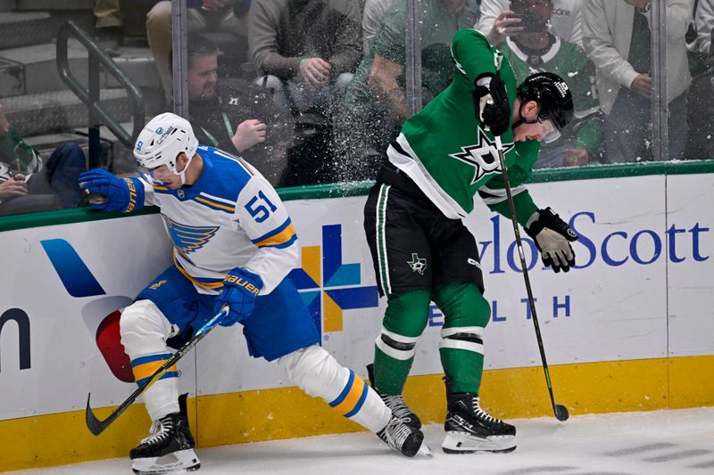 Feb 4, 2026; Dallas, Texas, USA; St. Louis Blues defenseman Matthew Kessel (51) and Dallas Stars center Radek Faksa (12) crash into the boards during the first period at the American Airlines Center. Mandatory Credit: Jerome Miron-Imagn Images