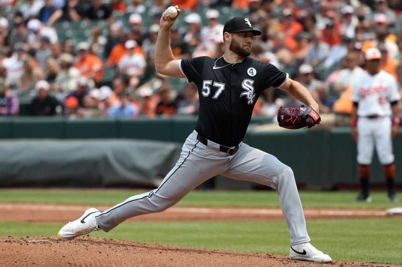 Jun 1, 2025; Baltimore, Maryland, USA; Chicago White Sox pitcher Adrian Houser (57) throws during the first inning against the Baltimore Orioles at Oriole Park at Camden Yards. Mandatory Credit: Daniel Kucin Jr.-Imagn Images