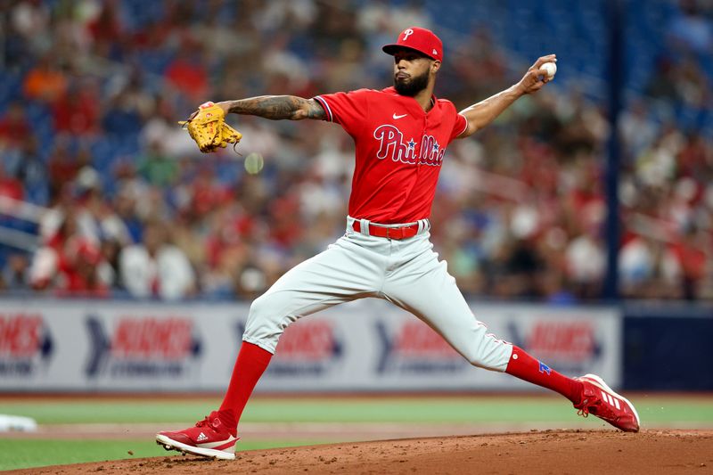 Jul 6, 2023; St. Petersburg, Florida, USA;  Philadelphia Phillies starting pitcher Cristopher Sanchez (61) throws a pitch against the Tampa Bay Rays in the first inning at Tropicana Field. Mandatory Credit: Nathan Ray Seebeck-USA TODAY Sports