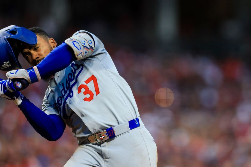 May 24, 2024; Cincinnati, Ohio, USA; Los Angeles Dodgers outfielder Teoscar Hernandez (37) gets hit by a wild pitch in the fifth inning against the Cincinnati Reds at Great American Ball Park. Mandatory Credit: Katie Stratman-USA TODAY Sports
