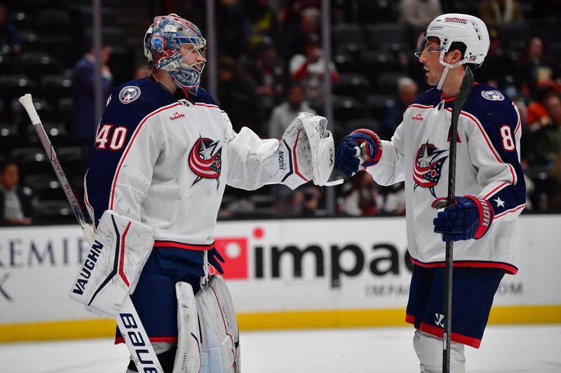 Feb 21, 2024; Anaheim, California, USA; Columbus Blue Jackets goaltender Daniil Tarasov (40) and defenseman Zach Werenski (8) celebrate the victory against the Anaheim Ducks at Honda Center. Mandatory Credit: Gary A. Vasquez-USA TODAY Sports