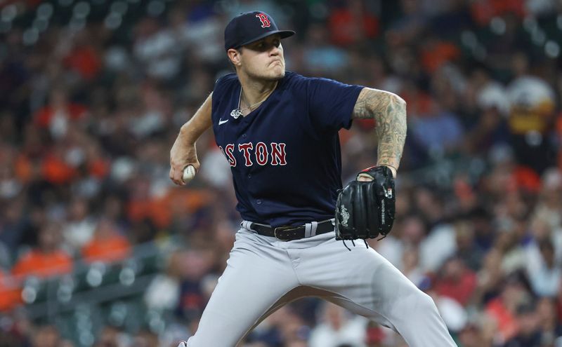Aug 22, 2023; Houston, Texas, USA; Boston Red Sox starting pitcher Tanner Houck (89) delivers a pitch during the second inning against the Houston Astros at Minute Maid Park. Mandatory Credit: Troy Taormina-USA TODAY Sports