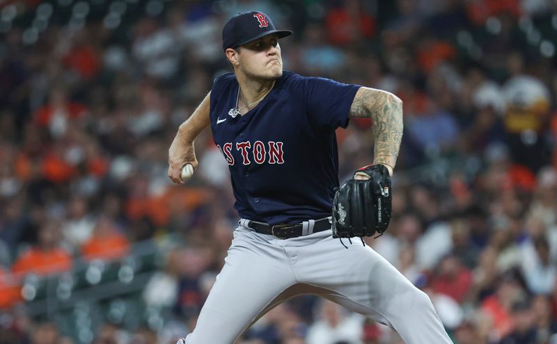 Aug 22, 2023; Houston, Texas, USA; Boston Red Sox starting pitcher Tanner Houck (89) delivers a pitch during the second inning against the Houston Astros at Minute Maid Park. Mandatory Credit: Troy Taormina-USA TODAY Sports