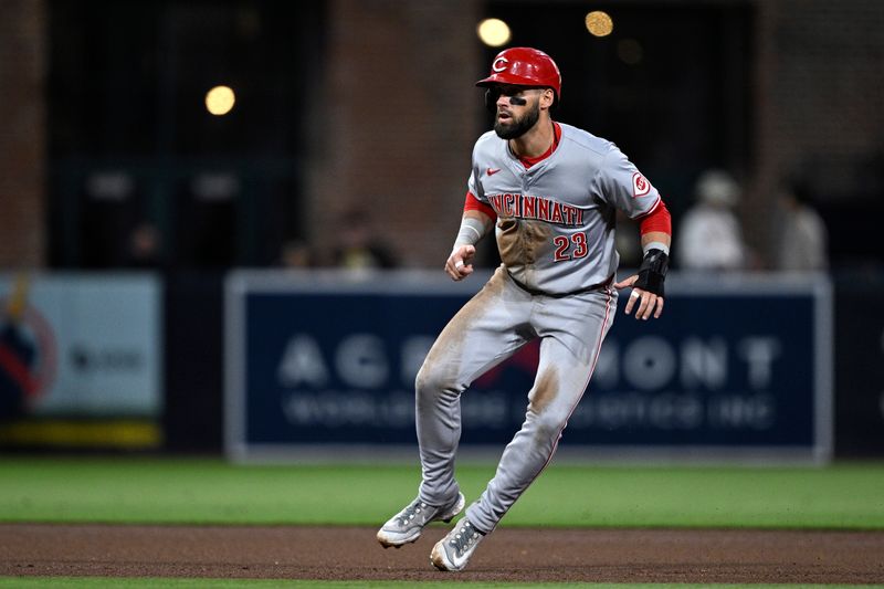 Apr 29, 2024; San Diego, California, USA; Cincinnati Reds designated hitter Nick Martini (23) leads off second base during the fourth inning against the San Diego Padres at Petco Park. Mandatory Credit: Orlando Ramirez-USA TODAY Sports