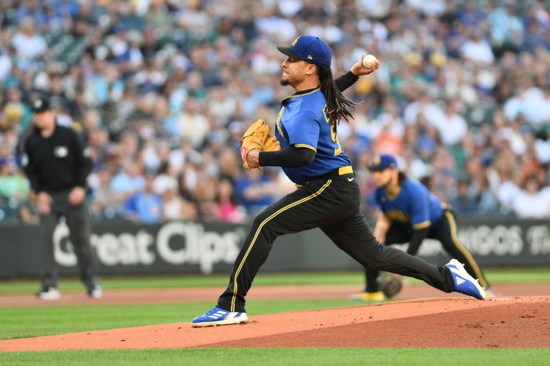 Aug 11, 2023; Seattle, Washington, USA; Seattle Mariners starting pitcher Luis Castillo (58) pitches to the Baltimore Orioles during the first inning at T-Mobile Park. Mandatory Credit: Steven Bisig-USA TODAY Sports