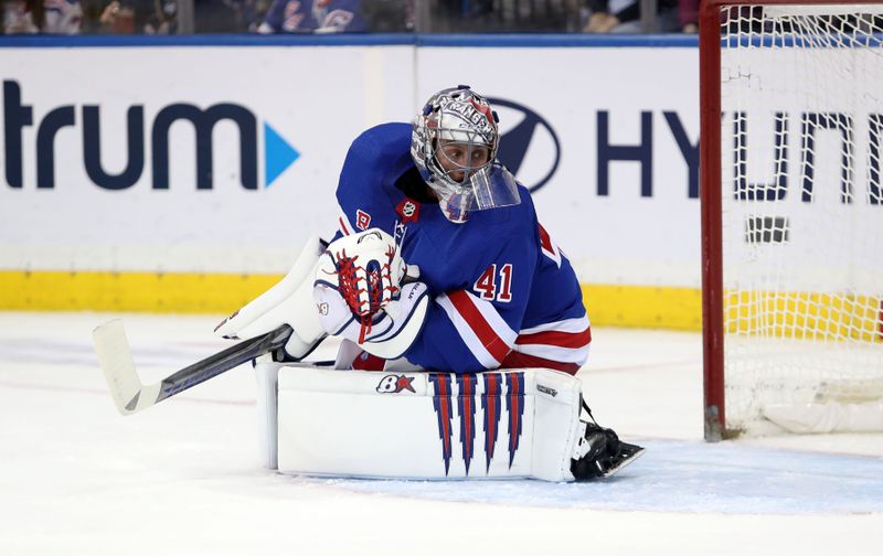 Feb 6, 2023; New York, New York, USA; New York Rangers goalie Jaroslav Halak (41) makes a save against the Calgary Flames during the second period at Madison Square Garden. Mandatory Credit: Danny Wild-USA TODAY Sports