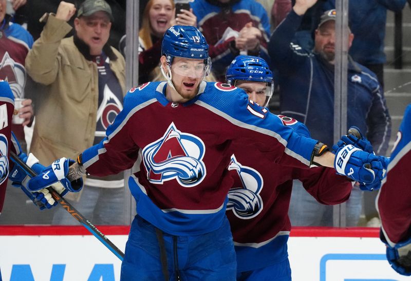 Jan 10, 2024; Denver, Colorado, USA; Colorado Avalanche right wing Valeri Nichushkin (13) celebrates his goal in the second period against the Vegas Golden Knights at Ball Arena. Mandatory Credit: Ron Chenoy-USA TODAY Sports