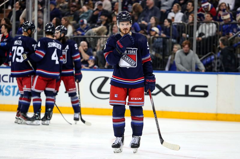 Mar 9, 2024; New York, New York, USA; New York Rangers center Jake Roslovic (96) skates during a break against the St. Louis Blues during the second period at Madison Square Garden. Mandatory Credit: Danny Wild-USA TODAY Sports