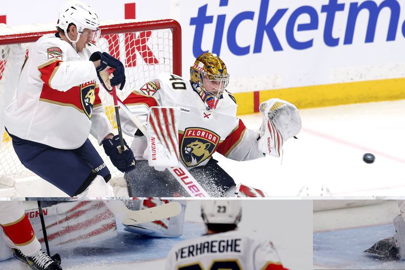 Jan 22, 2026; Winnipeg, Manitoba, CAN; Florida Panthers goaltender Daniil Tarasov (40) watches an incoming shot against the Winnipeg Jets in the first period at Canada Life Centre. Mandatory Credit: James Carey Lauder-Imagn Images