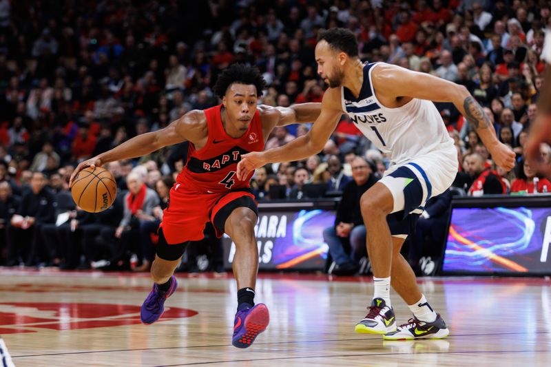 TORONTO, CANADA - OCTOBER 25: Scottie Barnes #4 of the Toronto Raptors dribbles the ball against Kyle Anderson #1 of the Minnesota Timberwolves during the second half of their NBA game at Scotiabank Arena on October 25, 2023 in Toronto, Canada. NOTE TO USER: User expressly acknowledges and agrees that, by downloading and or using this photograph, User is consenting to the terms and conditions of the Getty Images License Agreement. (Photo by Cole Burston/Getty Images)