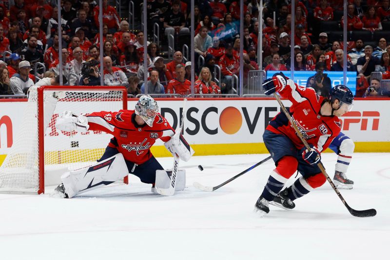 Apr 21, 2025; Washington, District of Columbia, USA;Washington Capitals goaltender Logan Thompson (48) makes a save on Montreal Canadiens right wing Cole Caufield (13) in the second period in game one of the first round of the 2025 Stanley Cup Playoffs at Capital One Arena. Mandatory Credit: Geoff Burke-Imagn Images