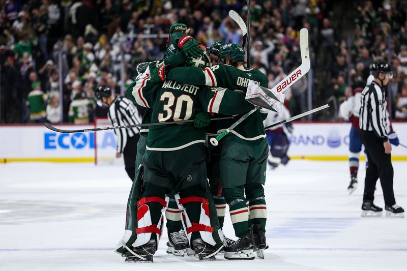 Nov 28, 2025; Saint Paul, Minnesota, USA; Minnesota Wild goaltender Jesper Wallstedt (30) celebrates the teams shootout win against the Colorado Avalanche at Grand Casino Arena. Mandatory Credit: Matt Krohn-Imagn Images