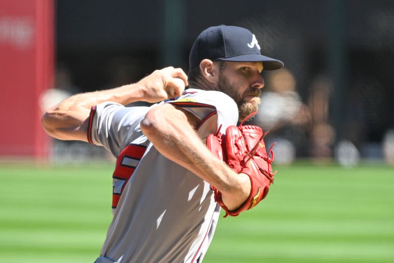 Jun 27, 2024; Chicago, Illinois, USA;  Atlanta Braves pitcher Chris Sale (51) delivers against the Chicago White Sox during the first inning at Guaranteed Rate Field. Mandatory Credit: Matt Marton-USA TODAY Sports