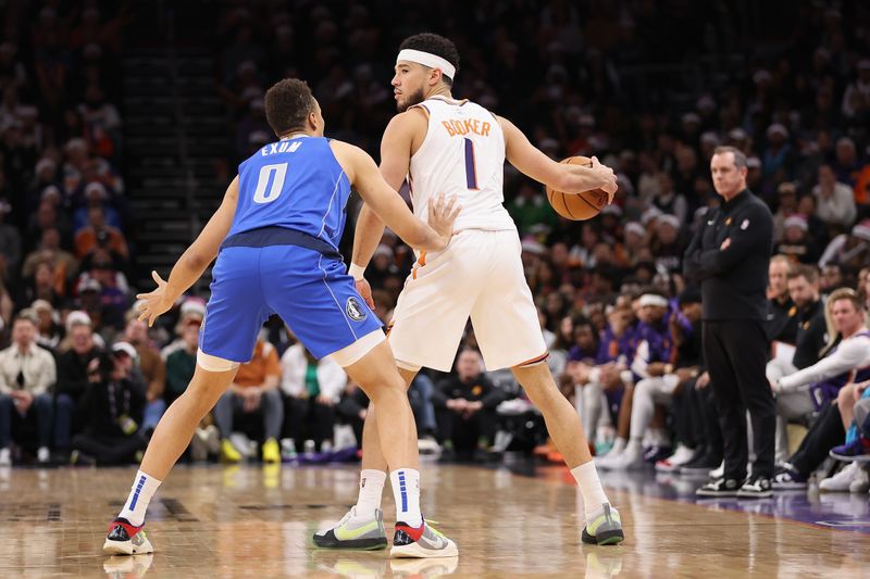 PHOENIX, ARIZONA - DECEMBER 25: Devin Booker #1 of the Phoenix Suns handles the ball against Dante Exum #0 of the Dallas Mavericks during the second half of the NBA game at Footprint Center on December 25, 2023 in Phoenix, Arizona. The Mavericks defeated the Suns 128-114. NOTE TO USER: User expressly acknowledges and agrees that, by downloading and or using this photograph, User is consenting to the terms and conditions of the Getty Images License Agreement.  (Photo by Christian Petersen/Getty Images)