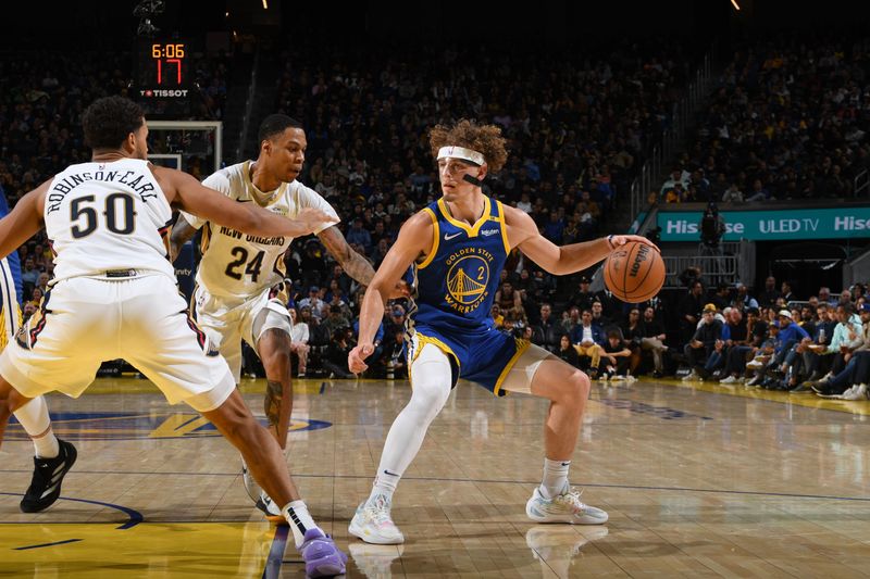 SAN FRANCISCO, CA - OCTOBER 30: Brandin Podziemski #2 of the Golden State Warriors dribbles the ball during the game against the New Orleans Pelicans on October 30, 2024 at Chase Center in San Francisco, California. NOTE TO USER: User expressly acknowledges and agrees that, by downloading and or using this photograph, user is consenting to the terms and conditions of Getty Images License Agreement. Mandatory Copyright Notice: Copyright 2024 NBAE (Photo by Noah Graham/NBAE via Getty Images)