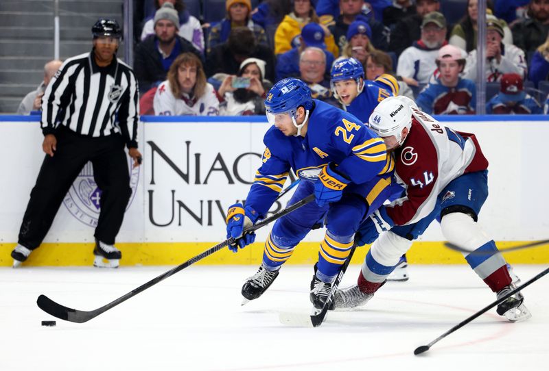 Dec 3, 2024; Buffalo, New York, USA;  Buffalo Sabres center Dylan Cozens (24) looks to control the puck as Colorado Avalanche defenseman Calvin de Haan (44) defends during the second period at KeyBank Center. Mandatory Credit: Timothy T. Ludwig-Imagn Images