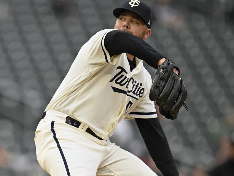 Aug 6, 2023; Minneapolis, Minnesota, USA;  Minnesota Twins pitcher Caleb Thielbar (56) delivers a pitch against the Arizona Diamondbacks during the ninth inning at Target Field. Mandatory Credit: Nick Wosika-USA TODAY Sports