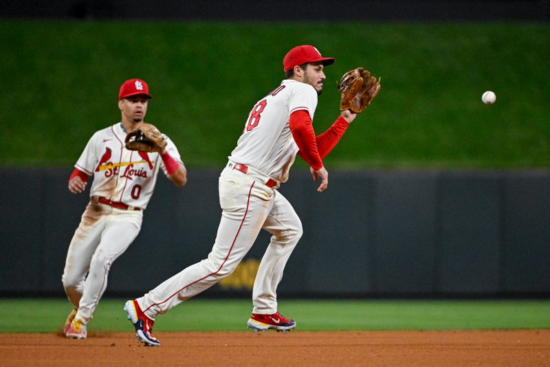 Sep 16, 2023; St. Louis, Missouri, USA;  St. Louis Cardinals third baseman Nolan Arenado (28) fields a ground ball against the Philadelphia Phillies during the fourth inning at Busch Stadium. Mandatory Credit: Jeff Curry-USA TODAY Sports