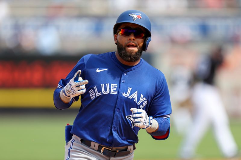 Mar 16, 2024; Tampa, Florida, USA;  Toronto Blue Jays outfielder Steward Berroa (81) runs the bases after hitting a three-run home run against the New York Yankees in the eighth inning at George M. Steinbrenner Field. Mandatory Credit: Nathan Ray Seebeck-USA TODAY Sports