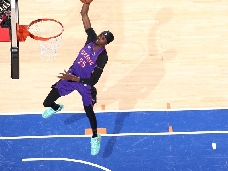 NEW YORK, NY - JANUARY 8:  Chris Boucher #25 of the Toronto Raptors dunks the ball during the game against the New York Knicks  on January 8, 2025 at Madison Square Garden in New York City, New York.  NOTE TO USER: User expressly acknowledges and agrees that, by downloading and or using this photograph, User is consenting to the terms and conditions of the Getty Images License Agreement. Mandatory Copyright Notice: Copyright 2024 NBAE  (Photo by Nathaniel S. Butler/NBAE via Getty Images)