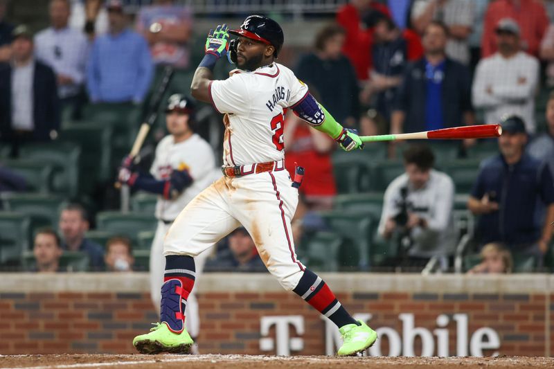 Apr 24, 2024; Atlanta, Georgia, USA; Atlanta Braves center fielder Michael Harris II (23) hits a walk-off double against the Miami Marlins in the tenth inning at Truist Park. Mandatory Credit: Brett Davis-USA TODAY Sports
