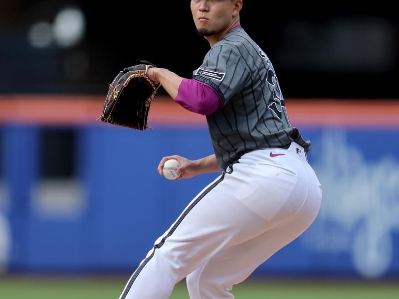 May 31, 2025; New York City, New York, USA; New York Mets starting pitcher Kodai Senga (34) pitches against the Colorado Rockies during the third inning at Citi Field. Mandatory Credit: Brad Penner-Imagn Images