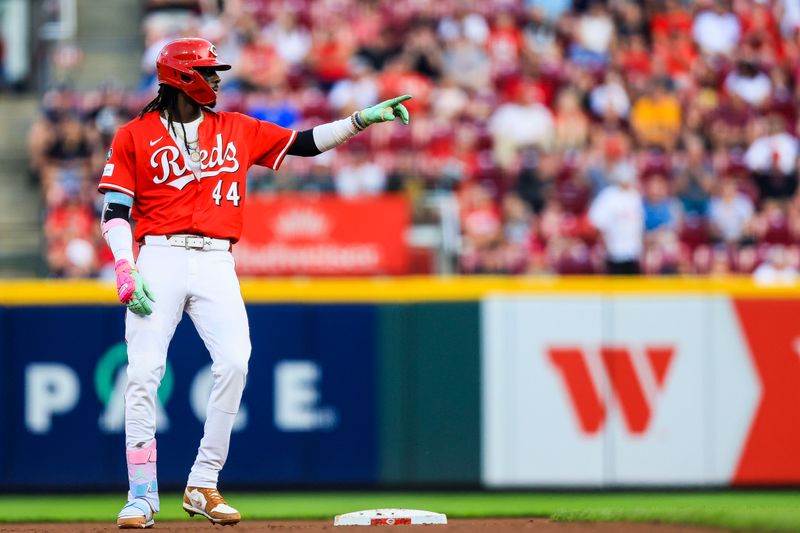 Jun 3, 2025; Cincinnati, Ohio, USA; Cincinnati Reds shortstop Elly De La Cruz (44) reacts after hitting a double in the fourth inning against the Milwaukee Brewers at Great American Ball Park. Mandatory Credit: Katie Stratman-Imagn Images