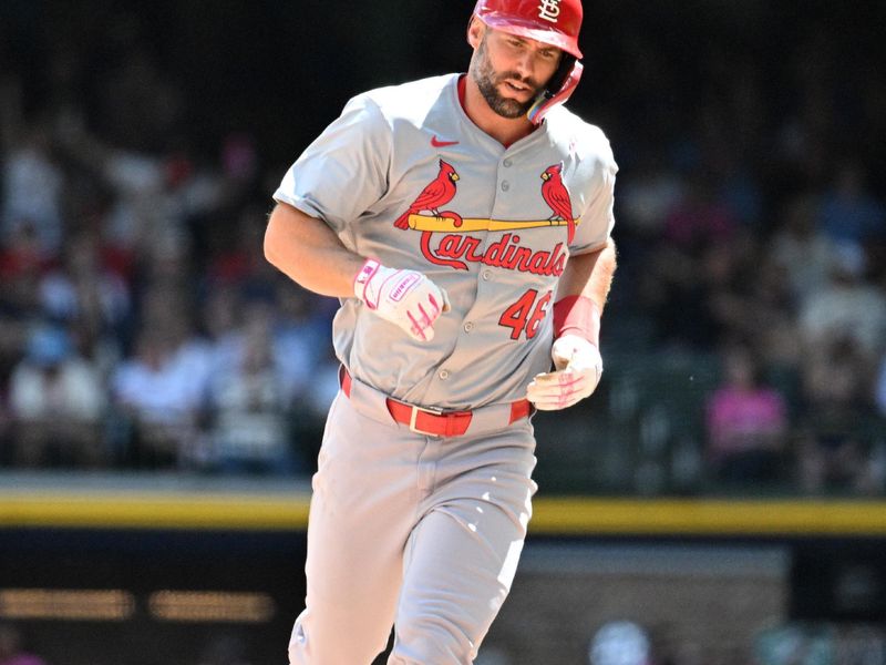 May 12, 2024; Milwaukee, Wisconsin, USA; St. Louis Cardinals first base Paul Goldschmidt (46) rounds the bases after hitting a home run against the Milwaukee Brewers in the fifth inning at American Family Field. Mandatory Credit: Michael McLoone-USA TODAY Sports