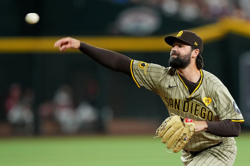 May 5, 2024; Phoenix, Arizona, USA; San Diego Padres pitcher Matt Waldron (61) pitches against the Arizona Diamondbacks during the first inning at Chase Field. Mandatory Credit: Joe Camporeale-USA TODAY Sports