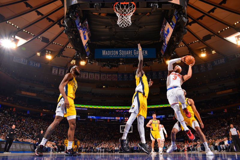 NEW YORK, NY - MAY 19: Josh Hart #3 of the New York Knicks drives to the basket during the game against the Indiana Pacers during Round 2 Game 7 of the 2024 NBA Playoffs on May 19, 2024 at Madison Square Garden in New York City, New York.  NOTE TO USER: User expressly acknowledges and agrees that, by downloading and or using this photograph, User is consenting to the terms and conditions of the Getty Images License Agreement. Mandatory Copyright Notice: Copyright 2024 NBAE  (Photo by Jesse D. Garrabrant/NBAE via Getty Images)