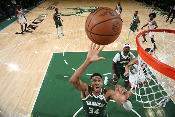 MILWAUKEE, WI - DECEMBER 11:  Giannis Antetokounmpo #34 of the Milwaukee Bucks grabs the rebound during the game  on December 11, 2023 at the Fiserv Forum Center in Milwaukee, Wisconsin. NOTE TO USER: User expressly acknowledges and agrees that, by downloading and or using this Photograph, user is consenting to the terms and conditions of the Getty Images License Agreement. Mandatory Copyright Notice: Copyright 2023 NBAE (Photo by Gary Dineen/NBAE via Getty Images).