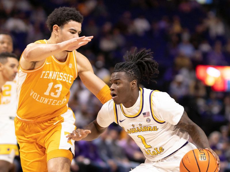 Jan 21, 2023; Baton Rouge, Louisiana, USA;  LSU Tigers guard Cam Hayes (1) dribbles the ball against Tennessee Volunteers forward Olivier Nkamhoua (13) during the first half at Pete Maravich Assembly Center. Mandatory Credit: Stephen Lew-USA TODAY Sports