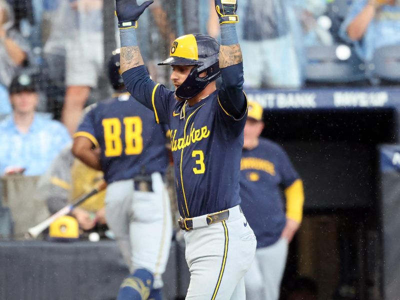 May 10, 2025; St. Petersburg, Florida, USA; Milwaukee Brewers shortstop Joey Ortiz (3) celebrates after he hit a home run during the fifth inning against the Tampa Bay Rays at George M. Steinbrenner Field. Mandatory Credit: Kim Klement Neitzel-Imagn Images