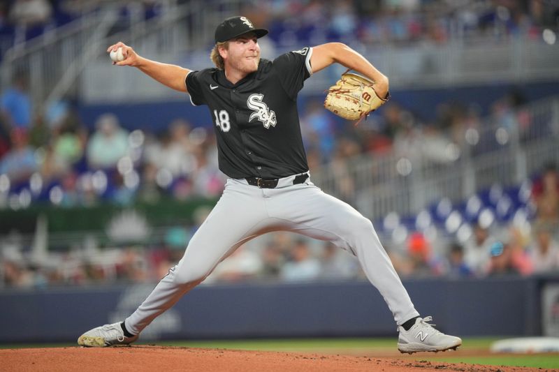 Jul 7, 2024; Miami, Florida, USA;  Chicago White Sox pitcher Jonathan Cannon (48) pitches in the first inning against the Miami Marlins at loanDepot Park. Mandatory Credit: Jim Rassol-USA TODAY Sports