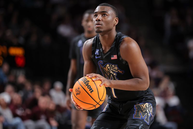 Dec 10, 2023; College Station, Texas, USA; Memphis Tigers guard Jayhlon Young (1) shoots a free throw against the Texas A&M Aggies during the second half during the second half at Reed Arena. Mandatory Credit: Erik Williams-USA TODAY Sports