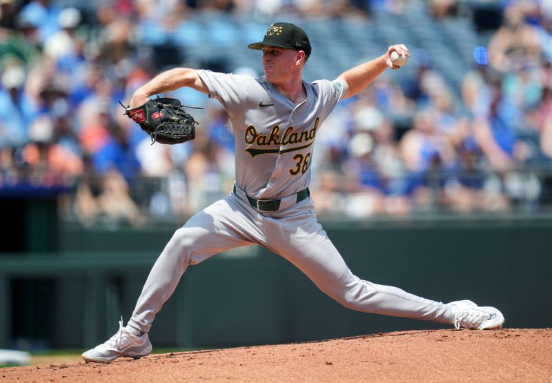 May 19, 2024; Kansas City, Missouri, USA; Oakland Athletics starting pitcher JP Sears (38) pitches during the first inning against the Kansas City Royals at Kauffman Stadium. Mandatory Credit: Jay Biggerstaff-USA TODAY Sports