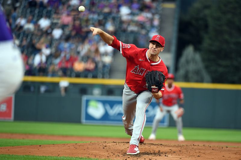 Sep 20, 2025; Denver, Colorado, USA; Los Angeles Angels pitcher Kyle Hendricks (28) pitches during the first inning against the Colorado Rockies at Coors Field. Mandatory Credit: Christopher Hanewinckel-Imagn Images