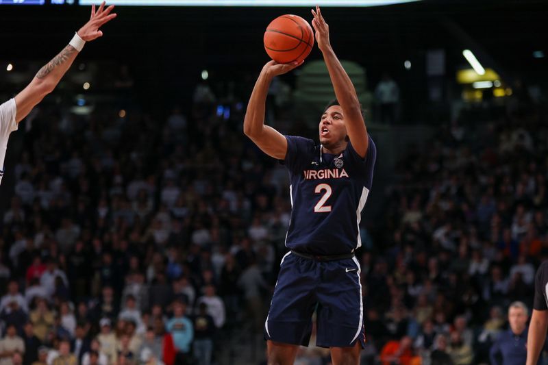 Jan 20, 2024; Atlanta, Georgia, USA; Virginia Cavaliers guard Reece Beekman (2) shoots against the Georgia Tech Yellow Jackets in the first half at McCamish Pavilion. Mandatory Credit: Brett Davis-USA TODAY Sports