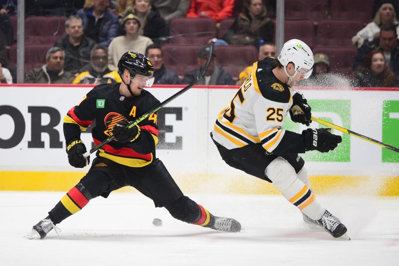 Feb 25, 2023; Vancouver, British Columbia, CAN; Vancouver Canucks forward Elias Pettersson (40) battles for the puck against Boston Bruins defenseman Brandon Carlo (25) during the third period at Rogers Arena. Mandatory Credit: Anne-Marie Sorvin-USA TODAY Sports